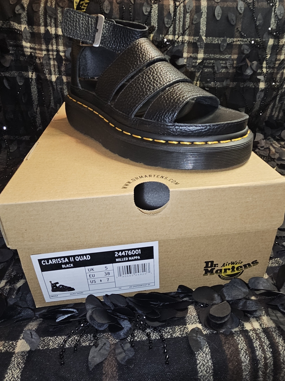 Dr. Martens Black Leather Platform Sandal with Yellow Stitching